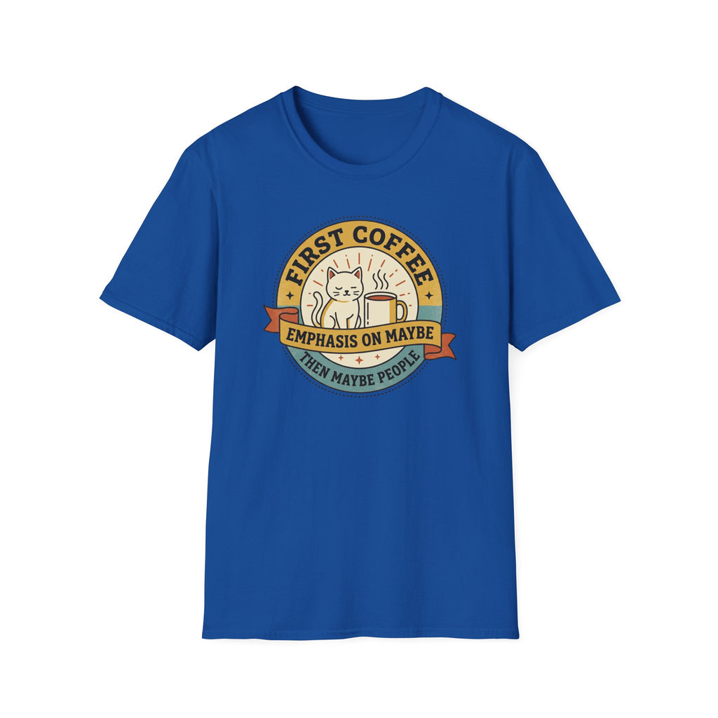 Royal blue T-shirt with cat coffee circular logo at center chest