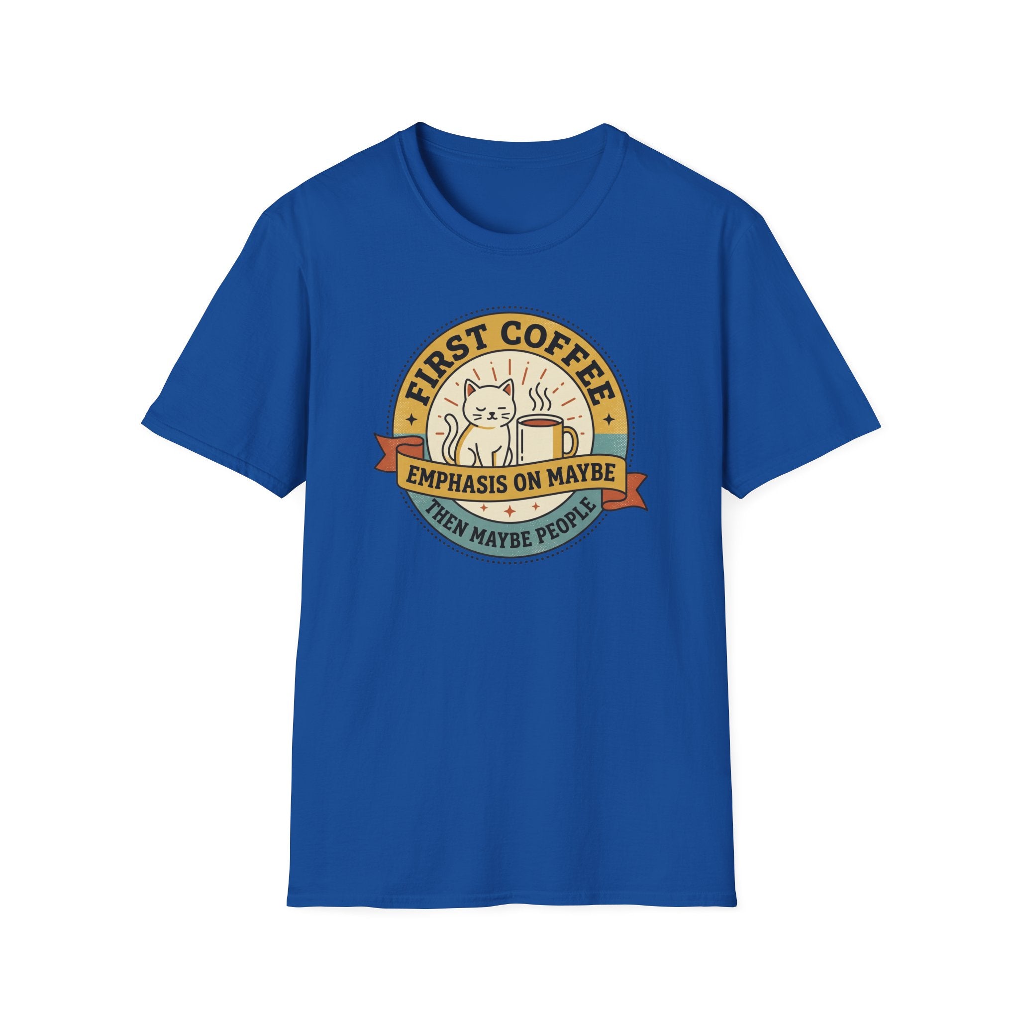 Royal blue T-shirt with cat coffee circular logo at center chest