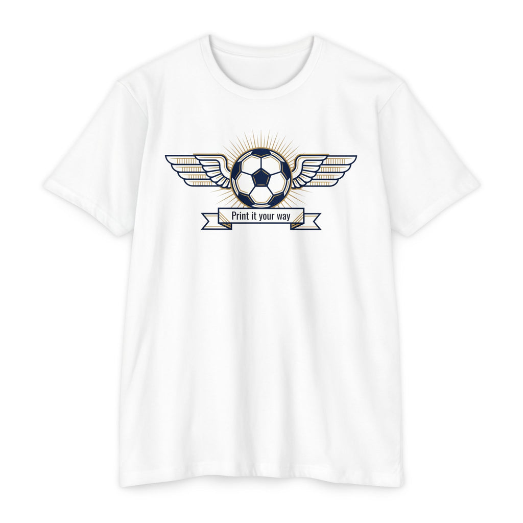 White soccer T-shirt with winged ball emblem and banner graphic