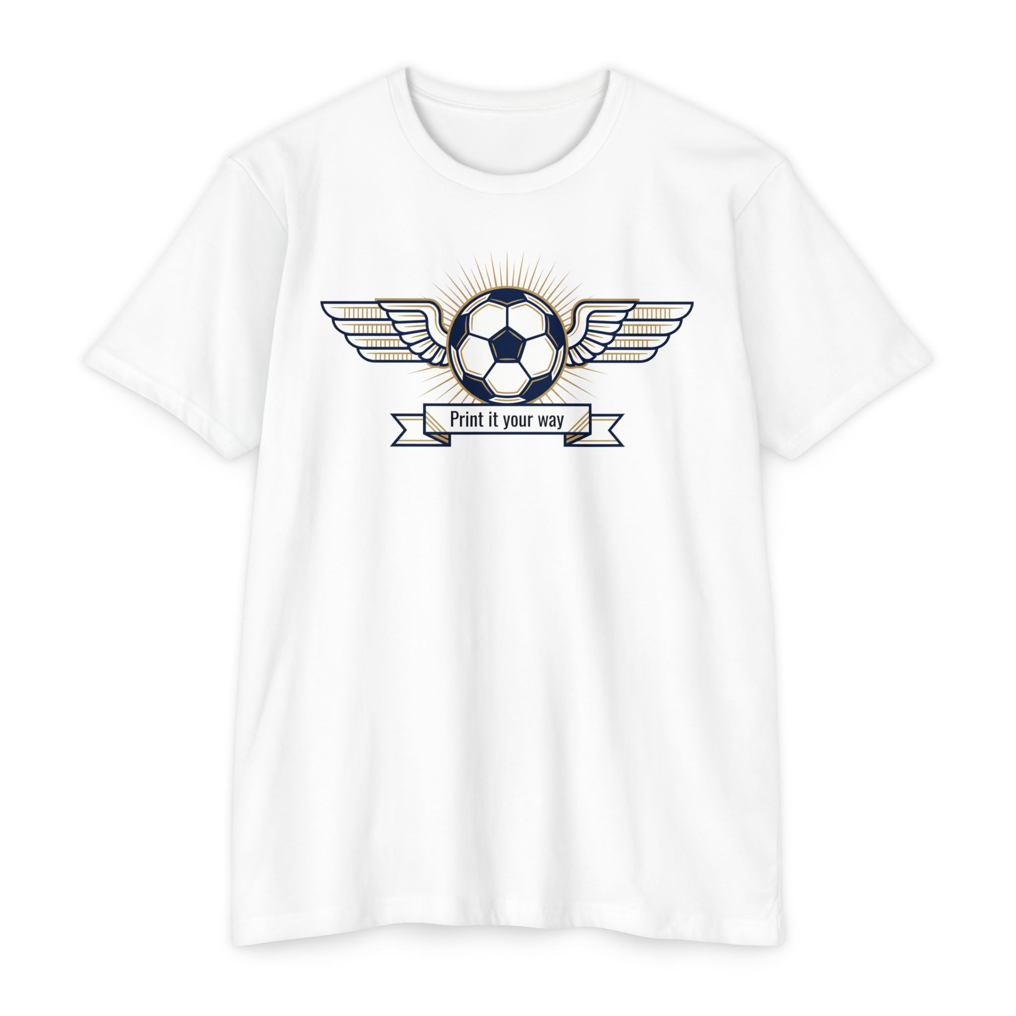 White soccer T-shirt with winged ball emblem and banner graphic