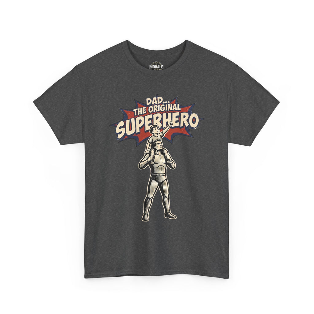 Dark gray crew-neck T-shirt with superhero dad comic graphic on the front.
