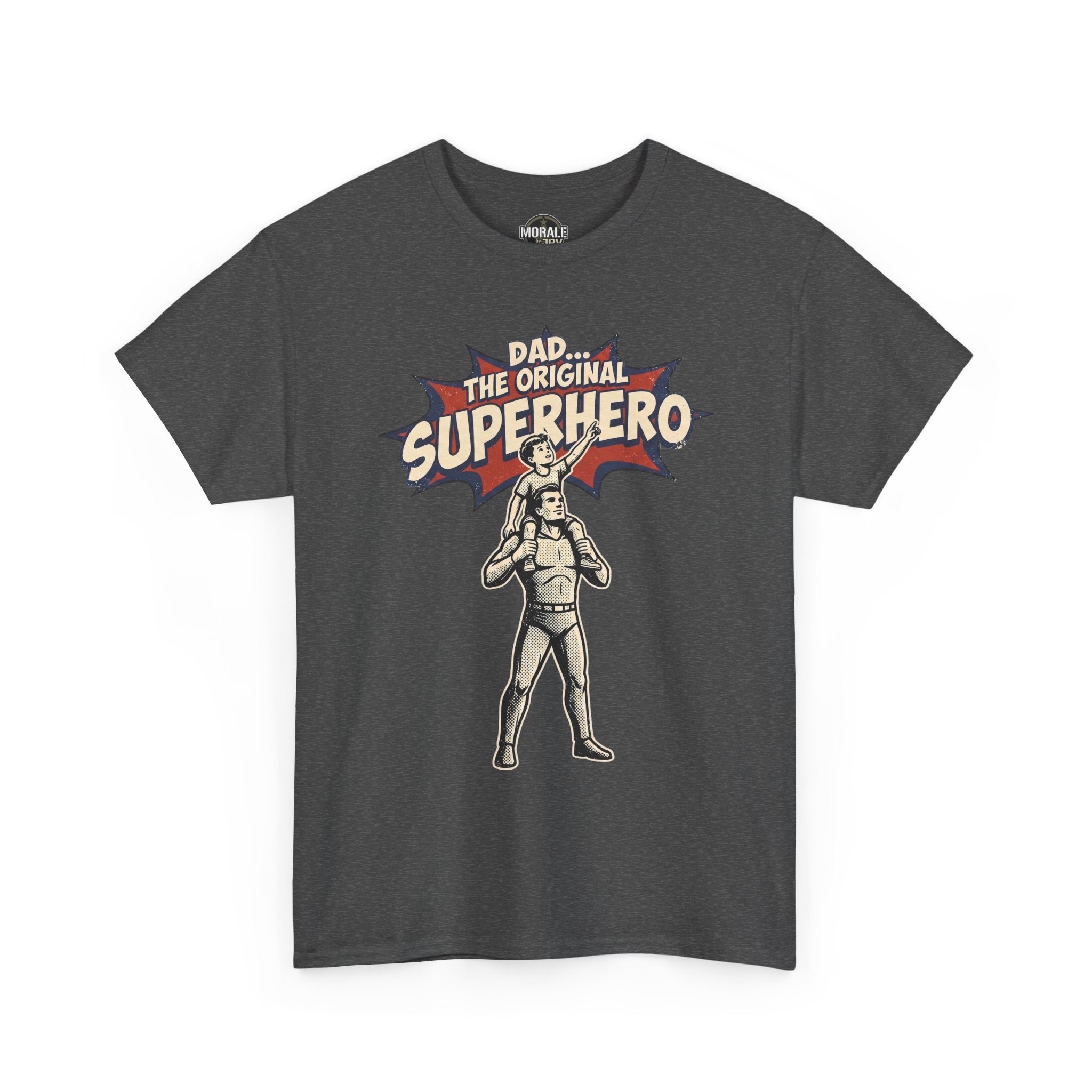 Dark gray crew-neck T-shirt with superhero dad comic graphic on the front.