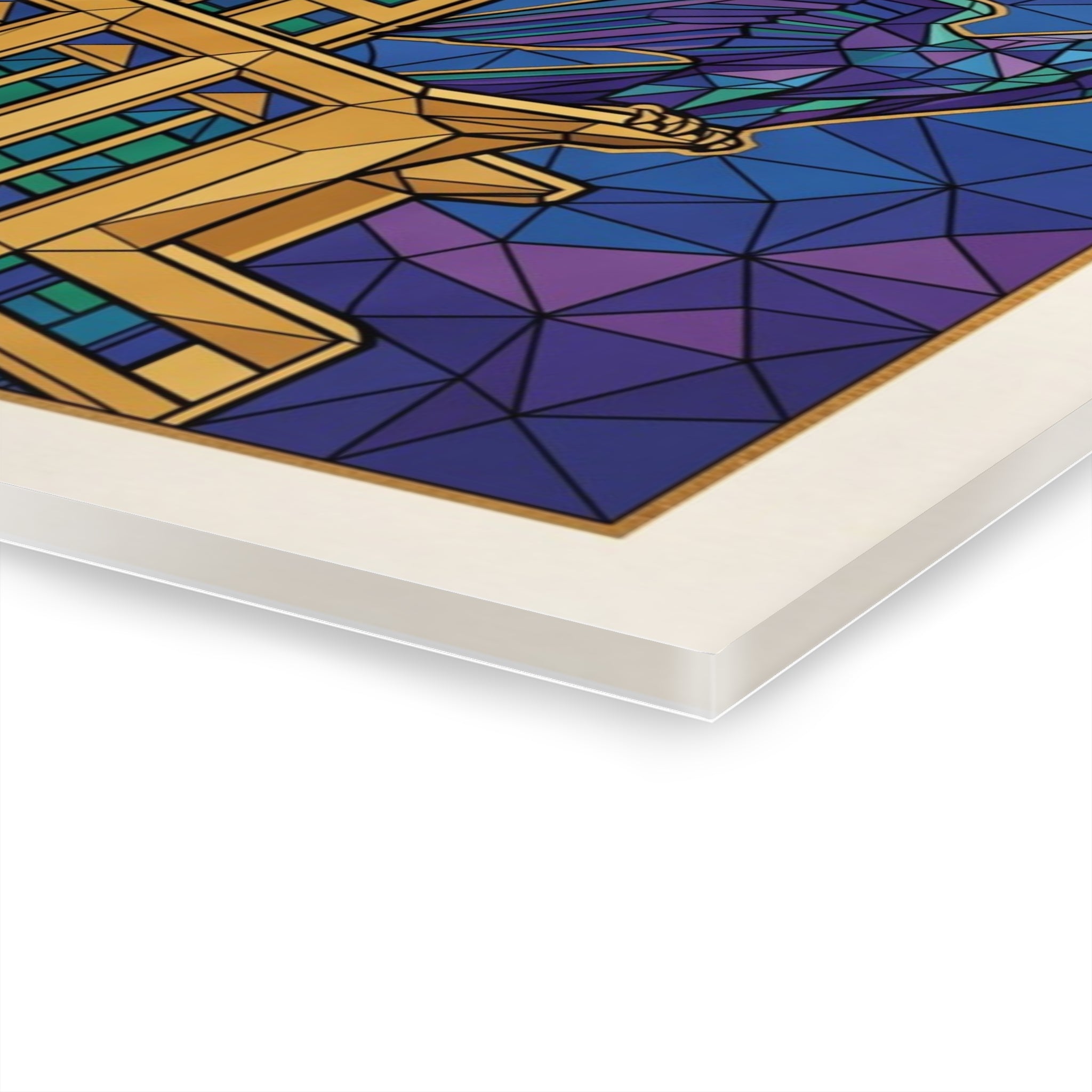 Acrylic print edge close-up, layered stained-glass blues and gold border detail