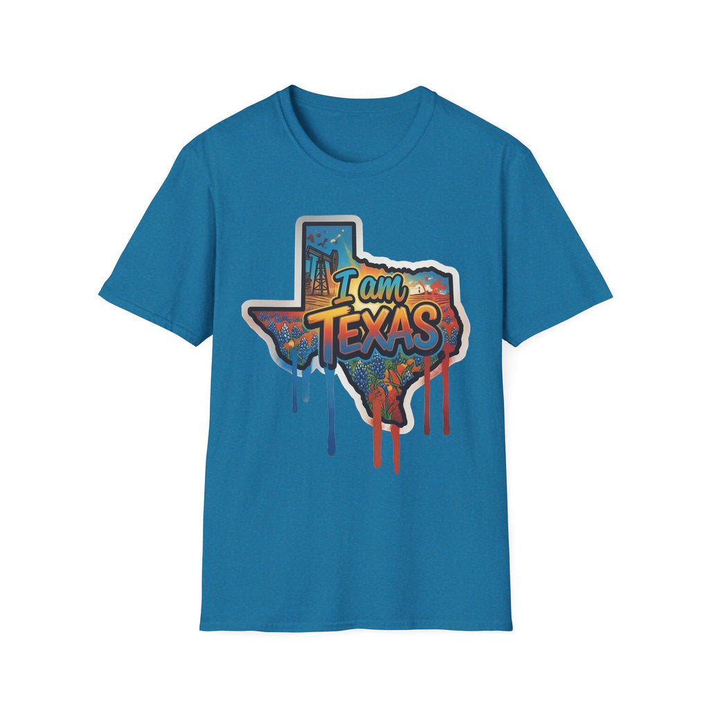I Am Texas T-shirt (teal blue) with graffiti state outline and skyline “I am Texas” print