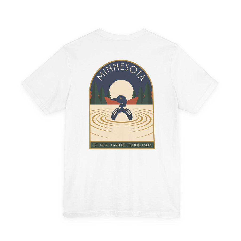 White T-shirt with centered square Minnesota logo featuring a loon and water ripples