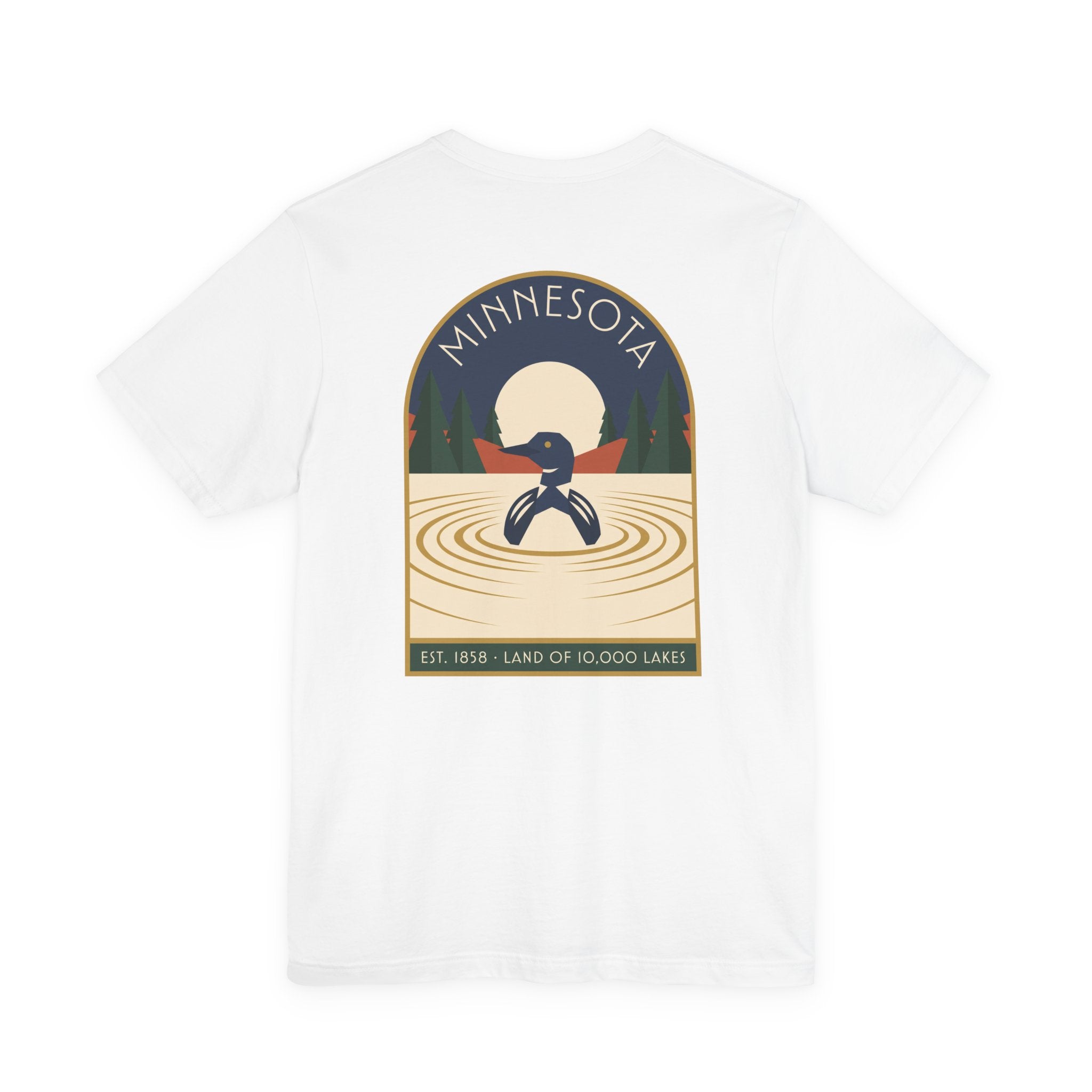 White T-shirt with centered square Minnesota logo featuring a loon and water ripples