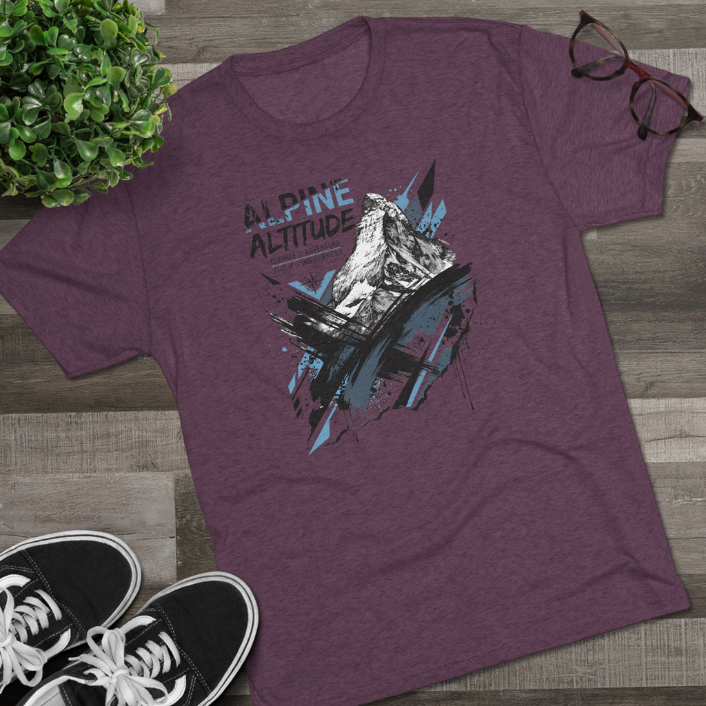 Graphic hiking T-shirt in plum heather, mountain peak illustration with blue text