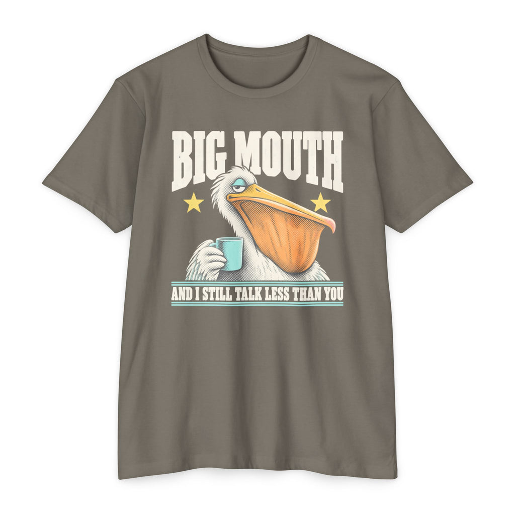 Gray T-shirt with pelican-and-coffee cup graphic and 'BIG MOUTH' text
