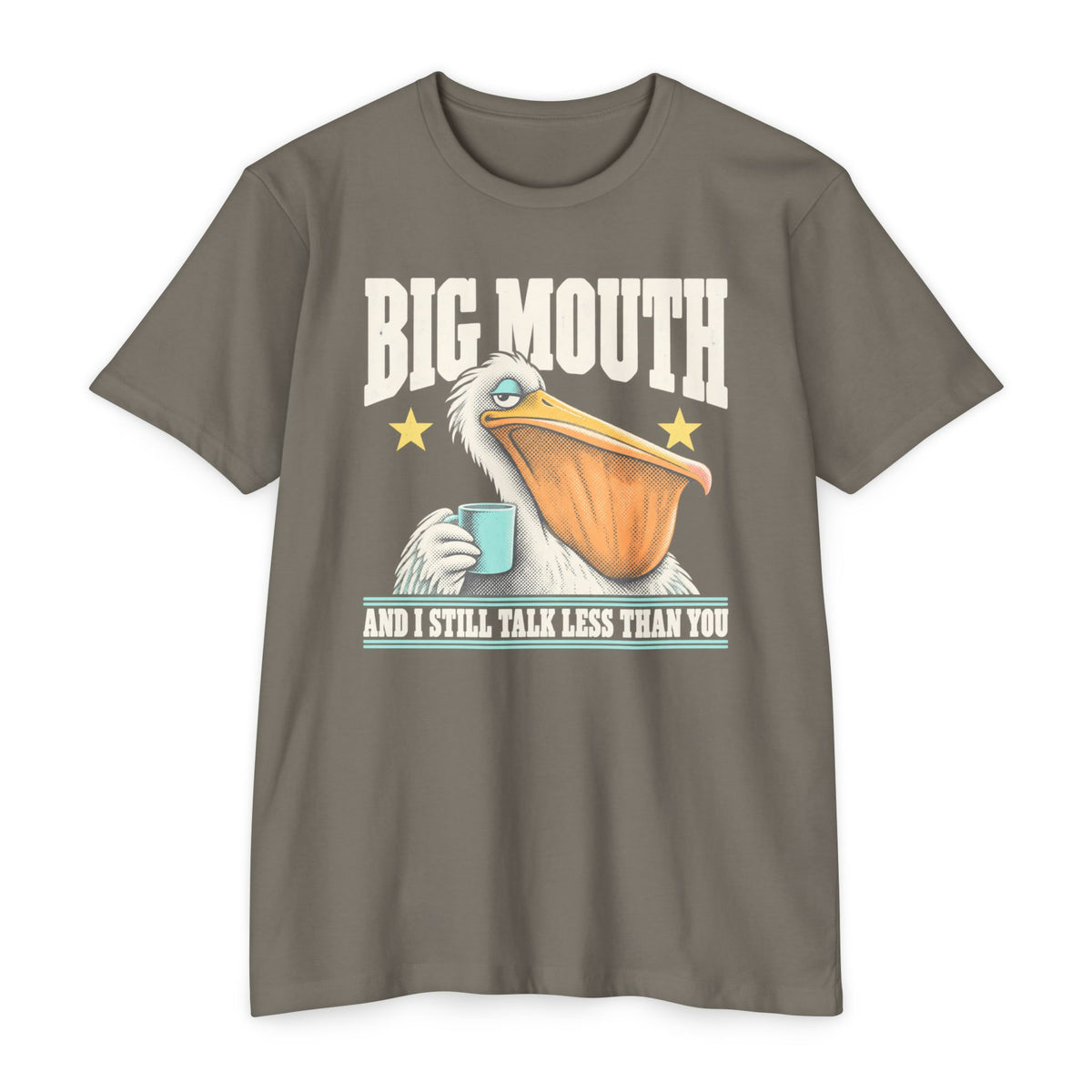 Gray T-shirt with pelican-and-coffee cup graphic and 'BIG MOUTH' text