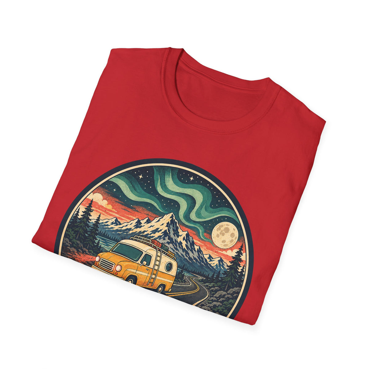 Red unisex T-shirt with circular camper, mountains, moon and aurora graphic