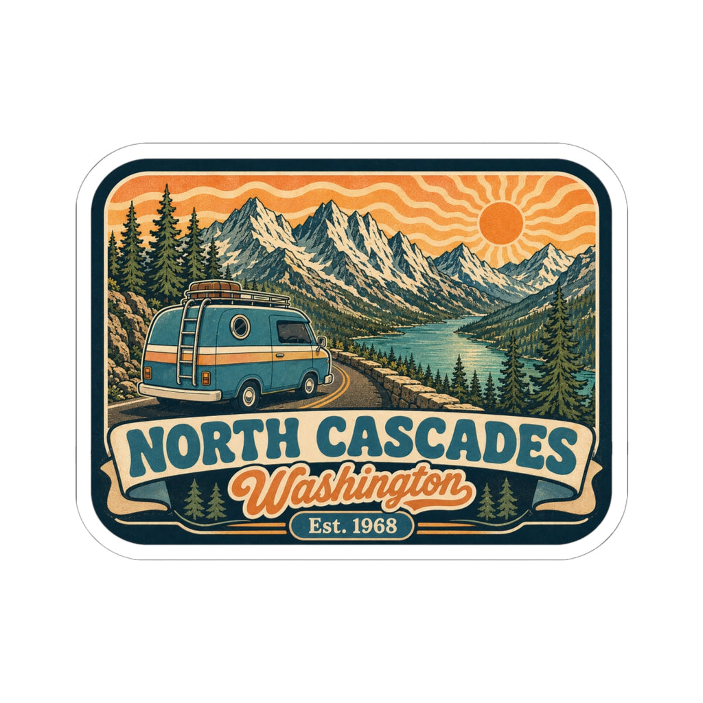 Vintage park sticker showing a blue van driving through pine trees toward mountain peaks