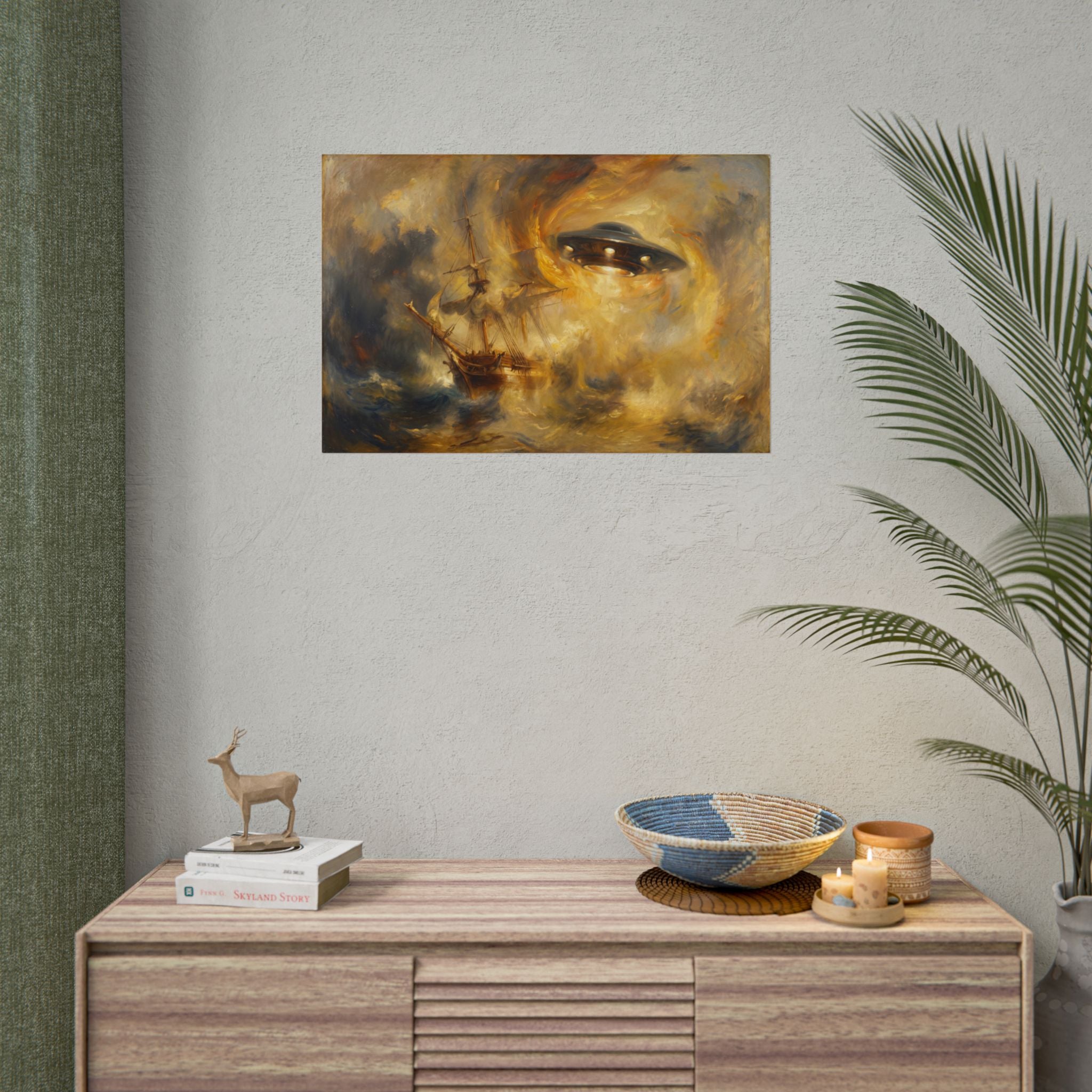 UFO shipwreck poster: glowing face and storm clouds beside a dark ship