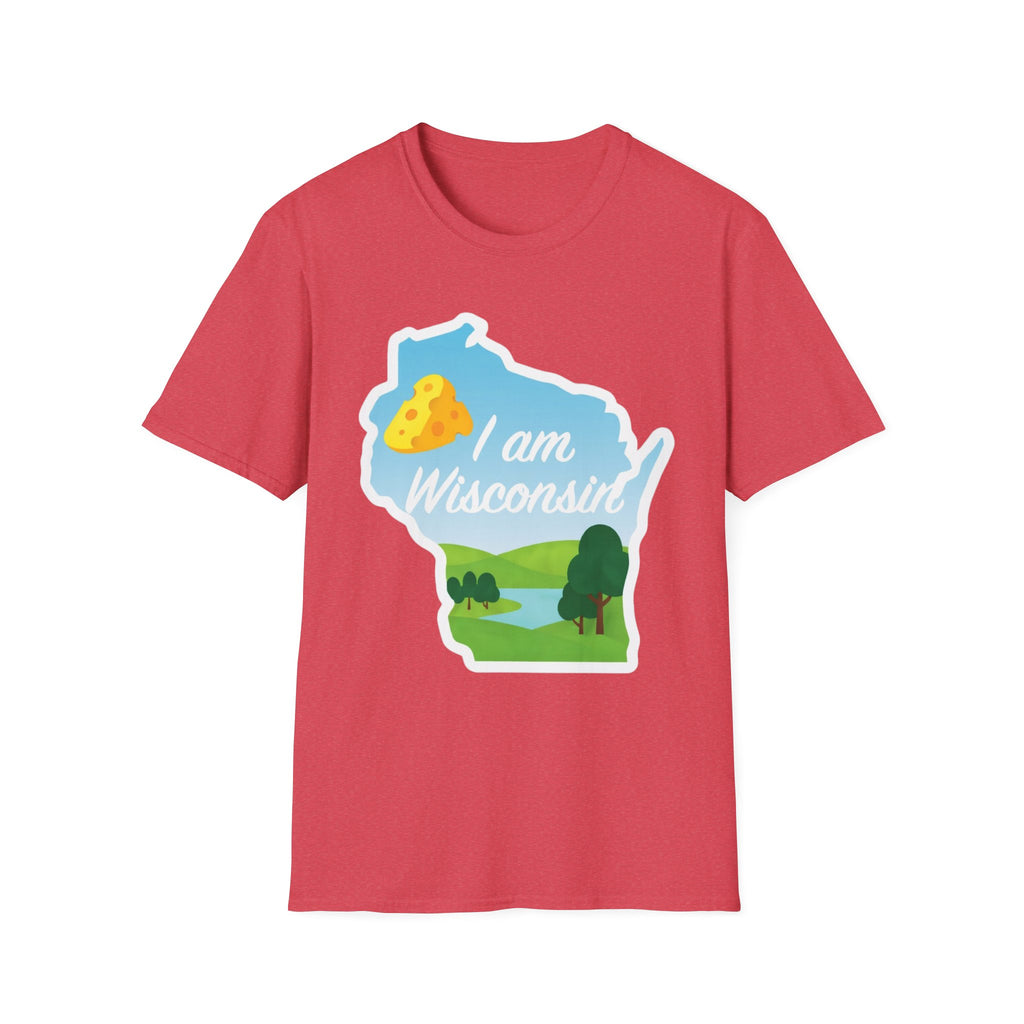 Red T-shirt with Wisconsin outline graphic, cheese & landscape, “I am Wisconsin”