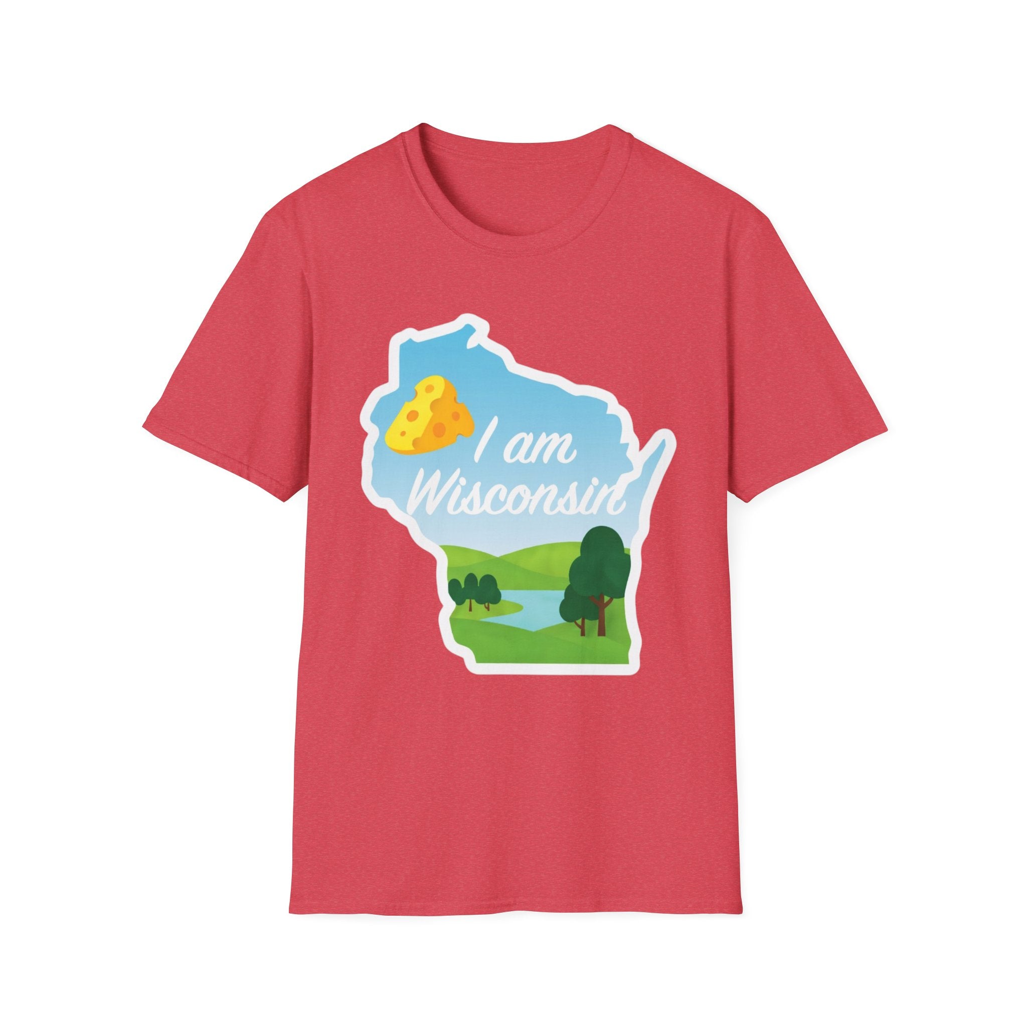 Red T-shirt with Wisconsin outline graphic, cheese & landscape, “I am Wisconsin”