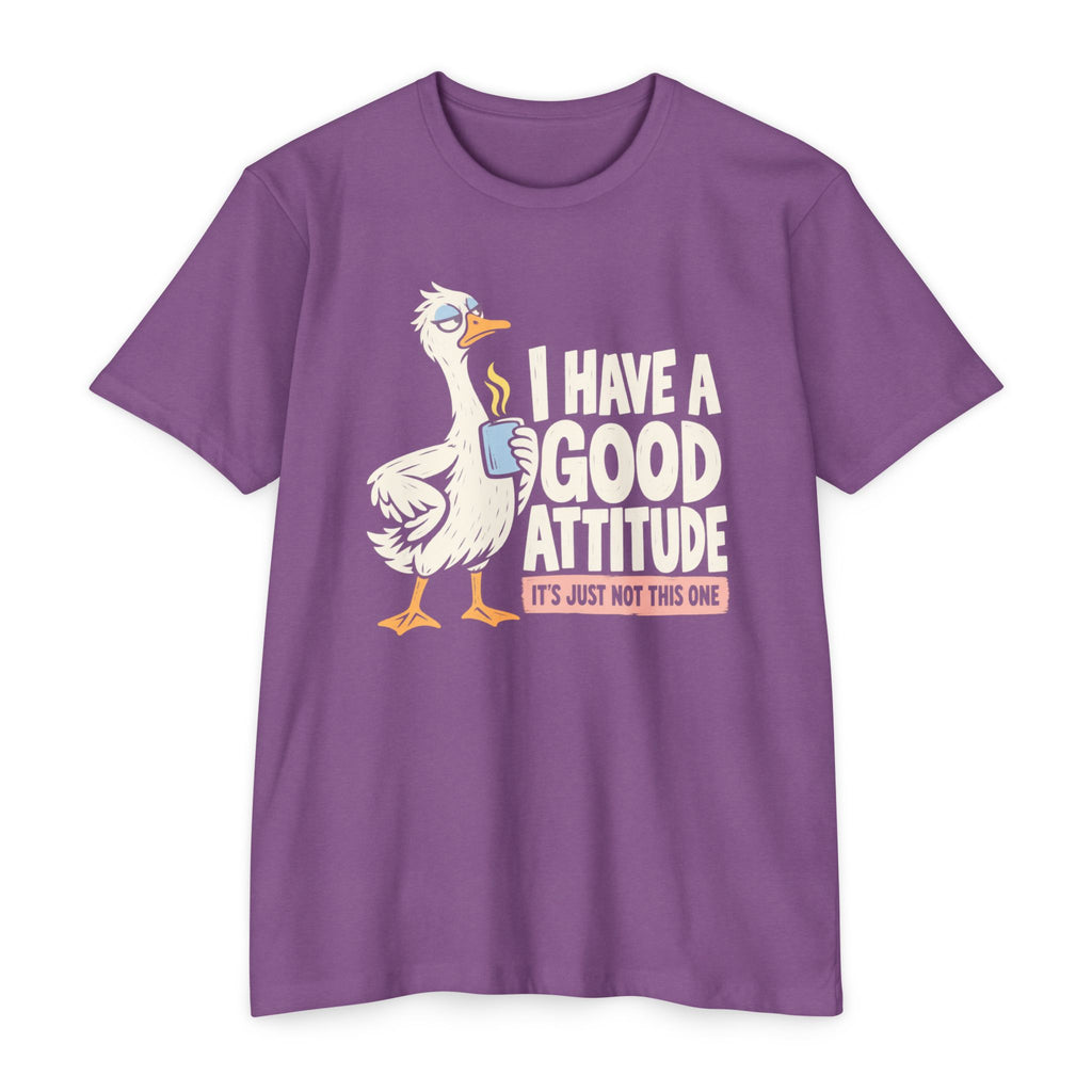Graphic coffee-themed goose T-shirt, purple, 'Have a good attitude' slogan print
