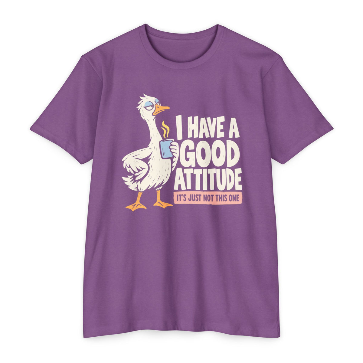 Graphic coffee-themed goose T-shirt, purple, 'Have a good attitude' slogan print