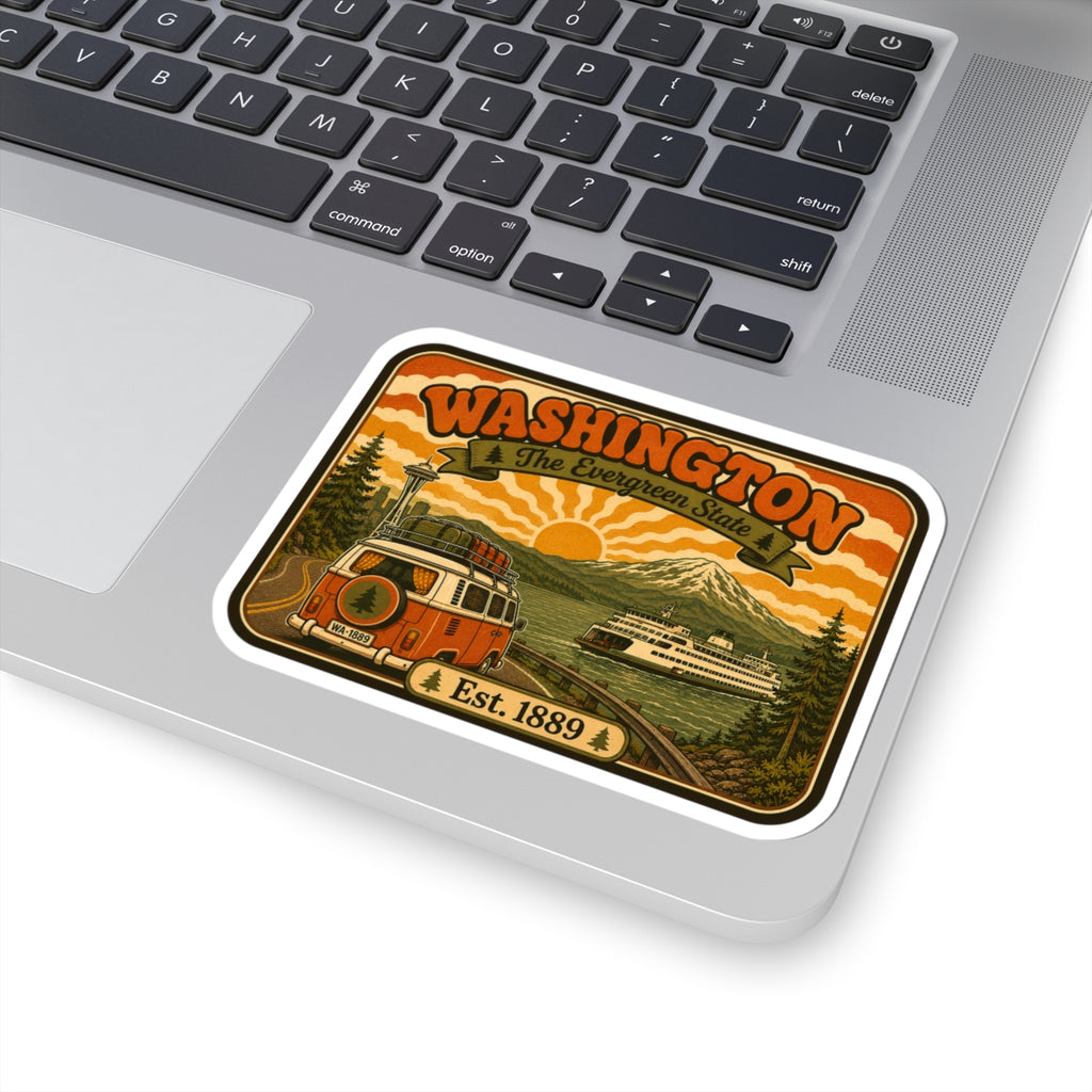 Kiss-cut Washington vintage sticker on laptop, rounded white border with Est. 1889 scene