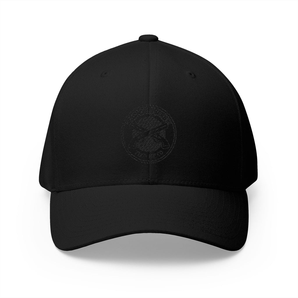 Black embroidered baseball cap with dark emblem patch on front