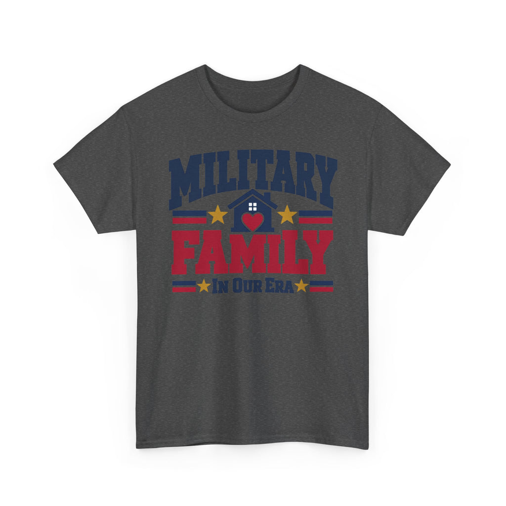 Unisex dark heather T-shirt with “Military Family” patriotic heart graphic
