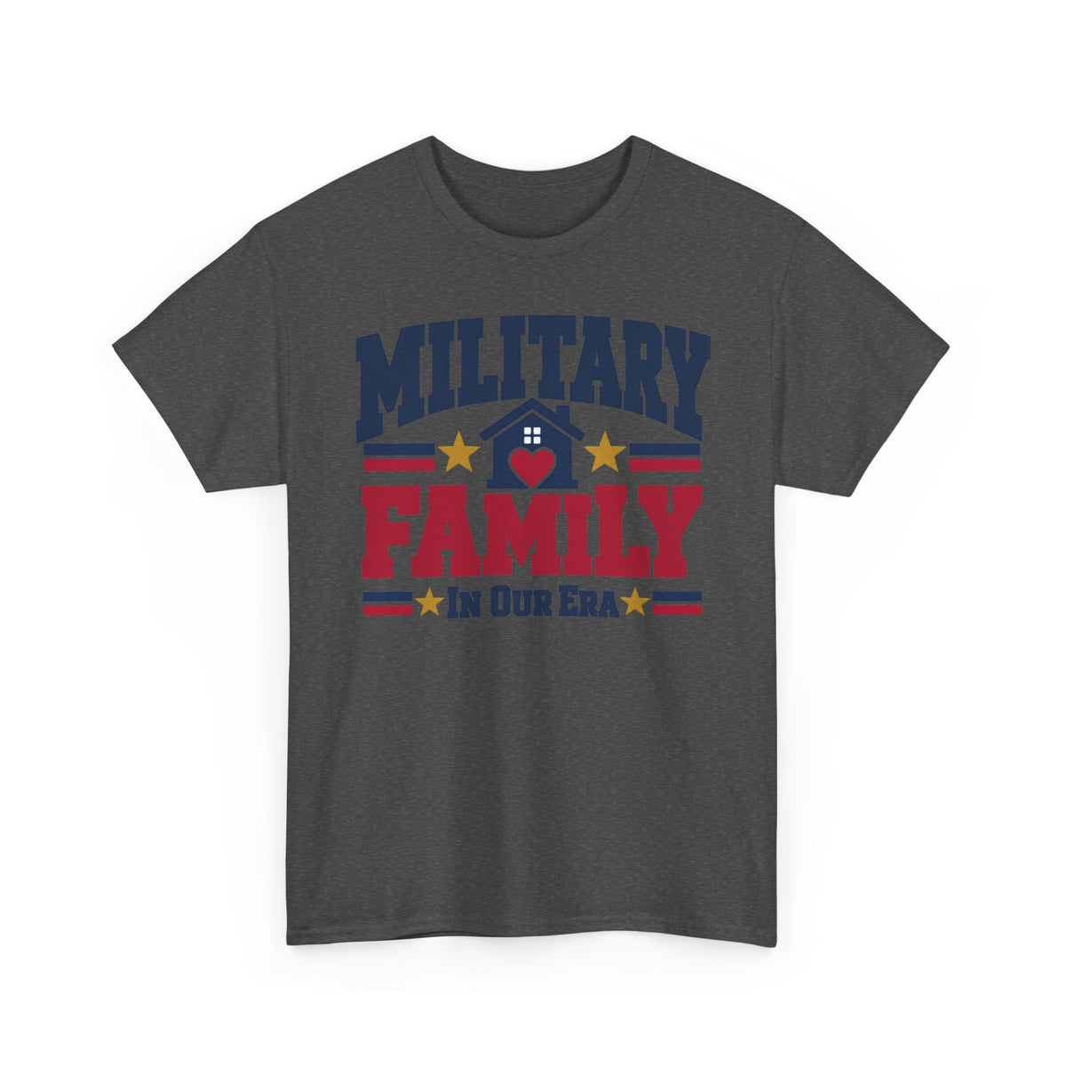 Unisex dark heather T-shirt with “Military Family” patriotic heart graphic