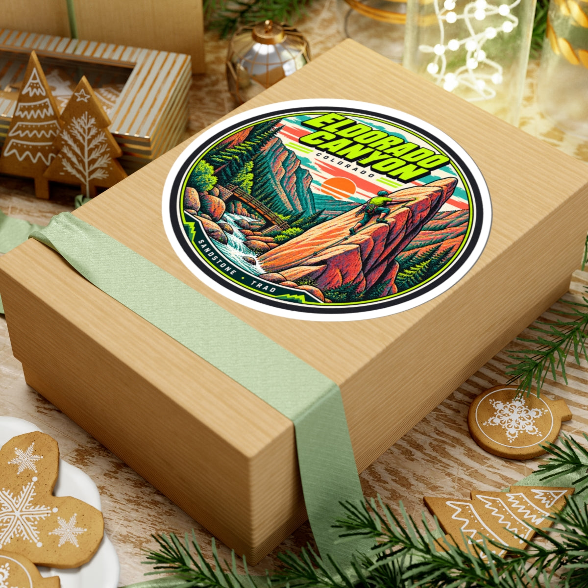 Round vinyl climbing sticker showing canyon cliffs, river scene, and 'Eldorado Canyon Colorado' text.