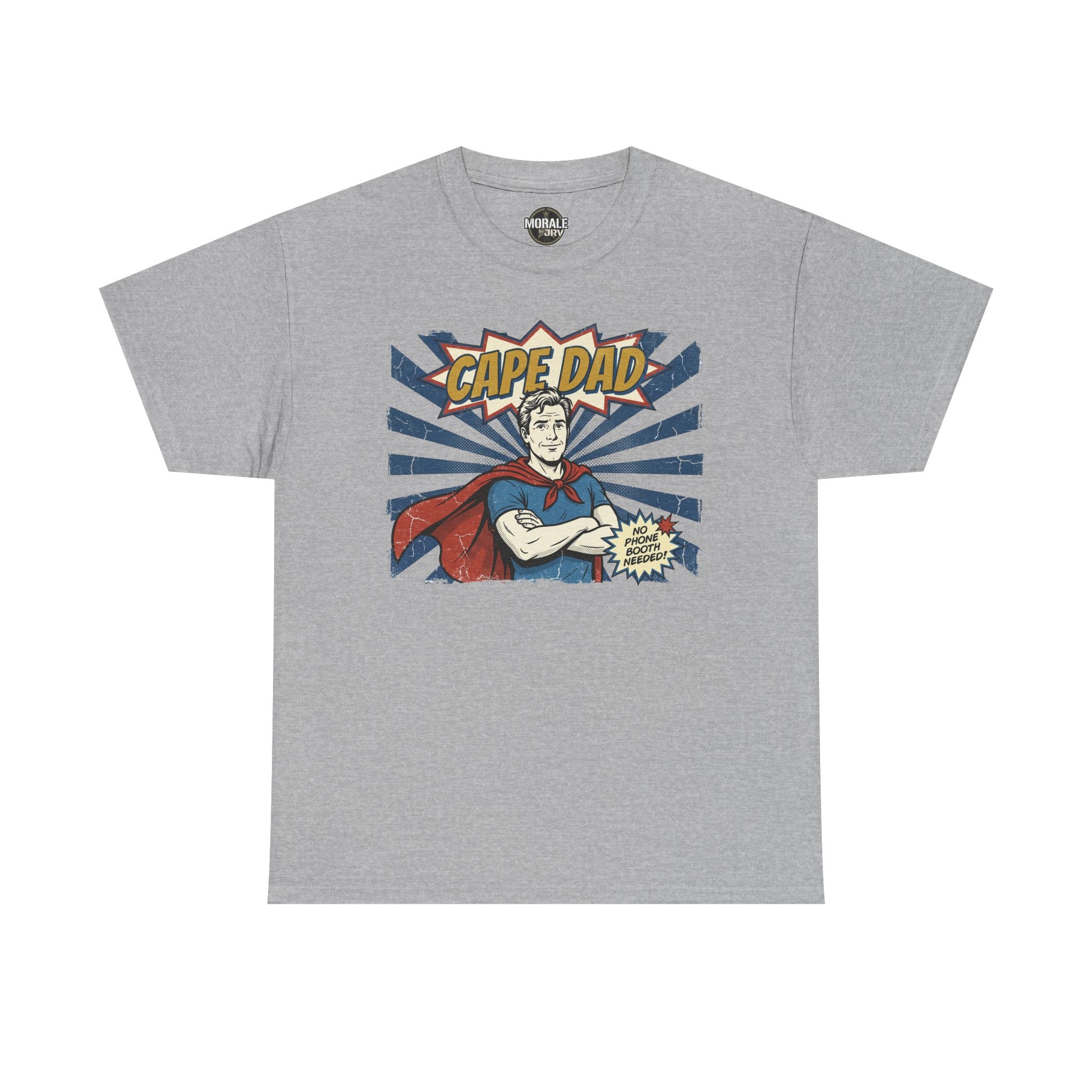 Cape Dad T‑shirt, heather gray, comic hero graphic on chest