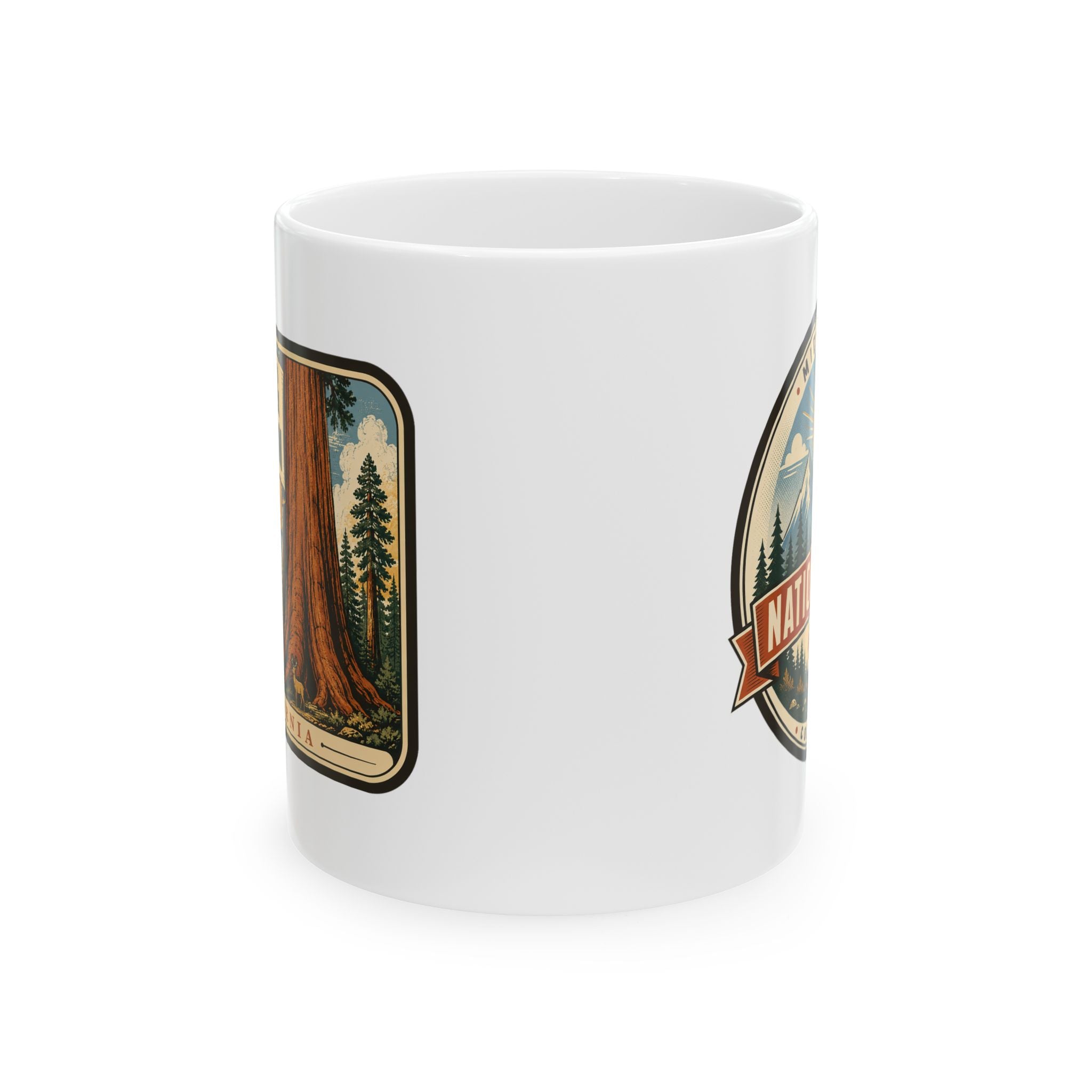 White ceramic mug with vintage Sequoia & Kings Canyon tree graphic