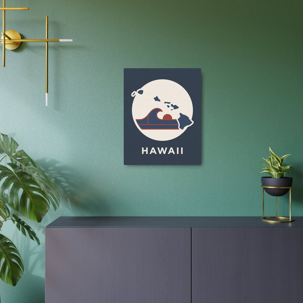 Hawaii wave map metal wall art sign, dark blue square with white island silhouette and HAWAII
