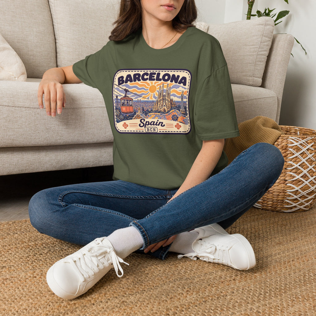 Olive green t-shirt with Barcelona graphic and Spain text across the chest