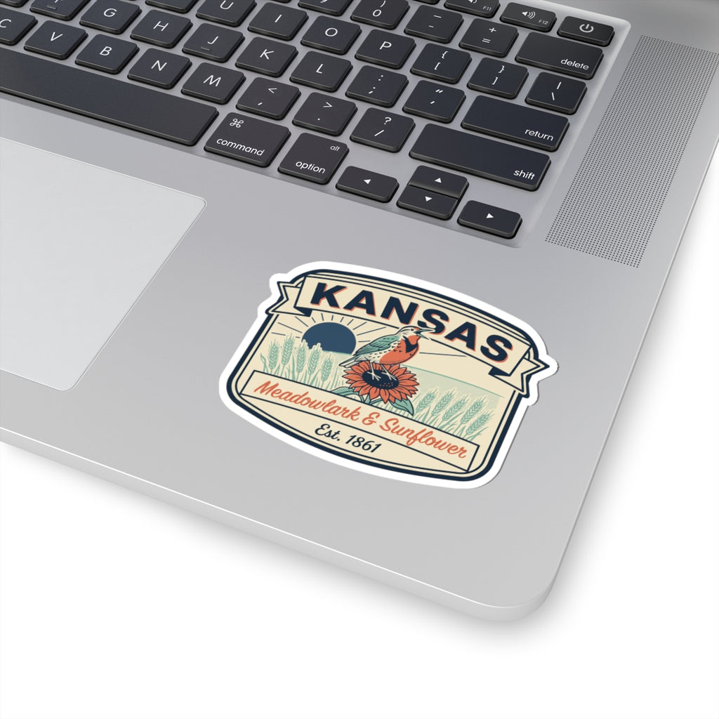 Kansas vintage state badge sticker with meadowlark and sunflower, Est. 1861