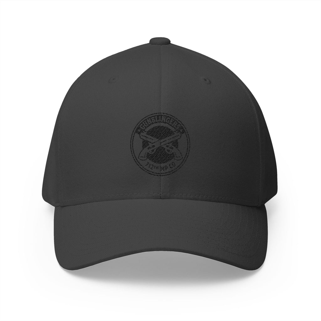 Dark charcoal embroidered baseball cap with black circular emblem on front