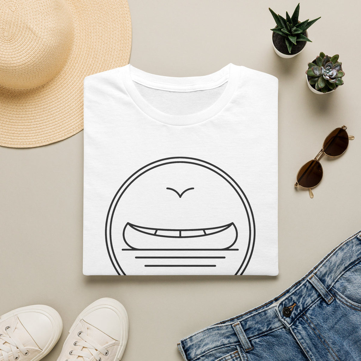 White canoe graphic T-shirt with round wave-and-canoe line art