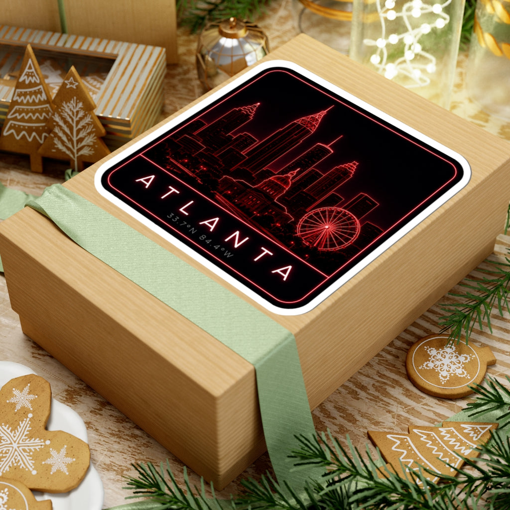 Square neon skyline sticker with red skyline line art, ATLANTA text and white border