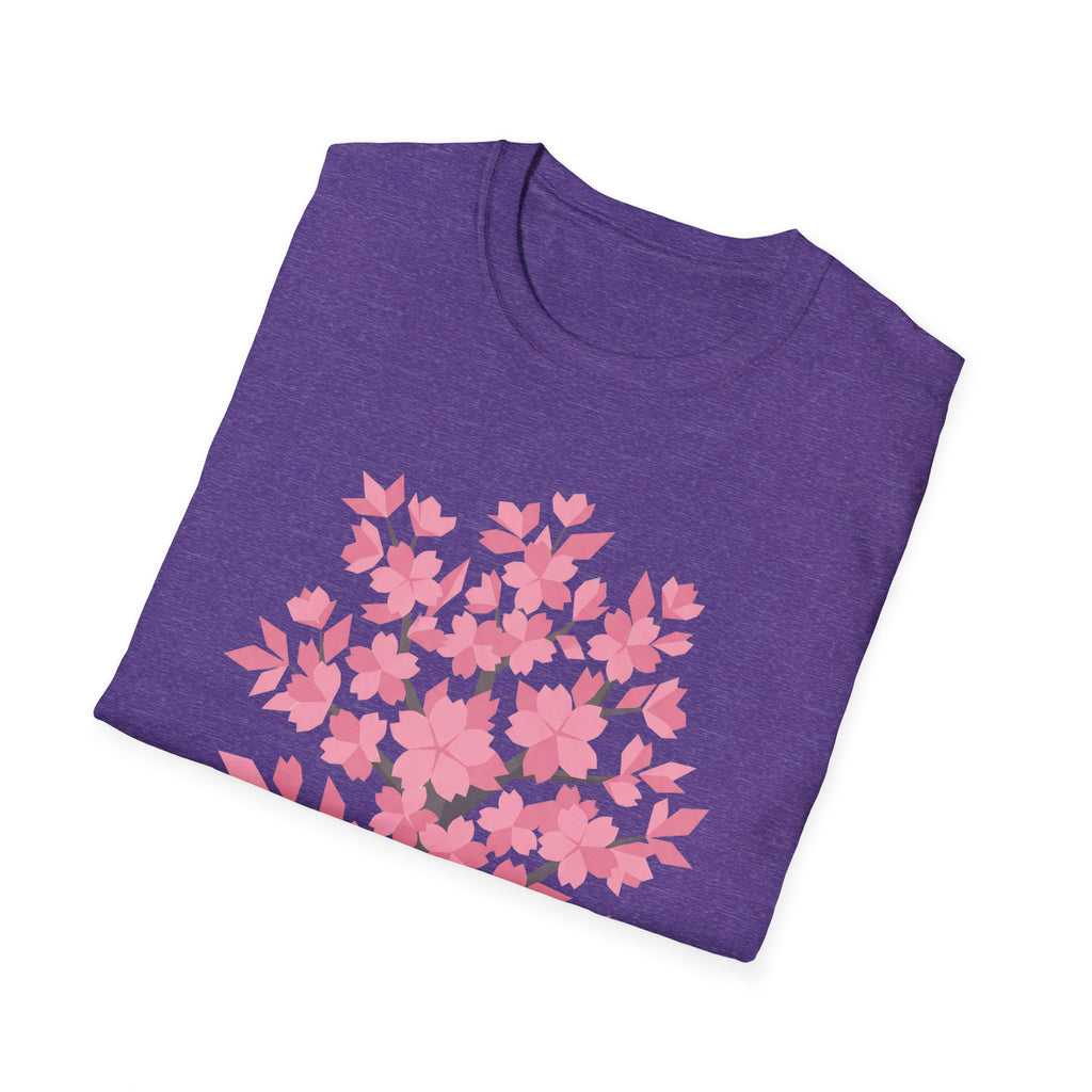 Purple T-shirt with pink cherry blossom tree floral graphic on front