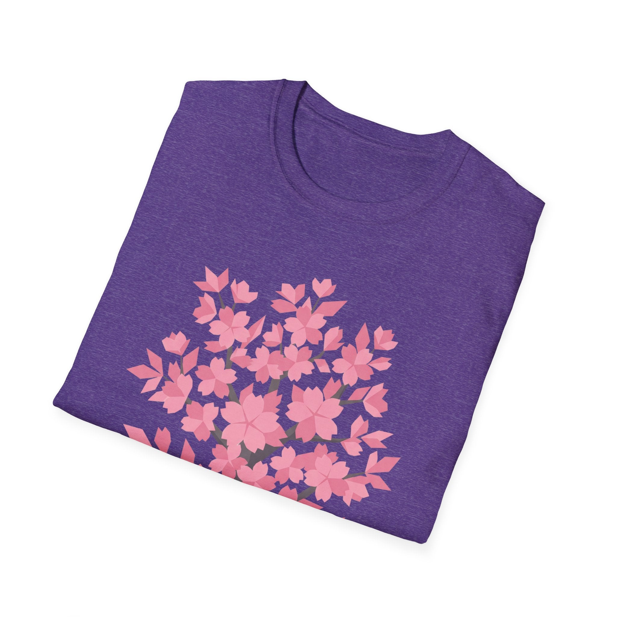 Purple T-shirt with pink cherry blossom tree floral graphic on front