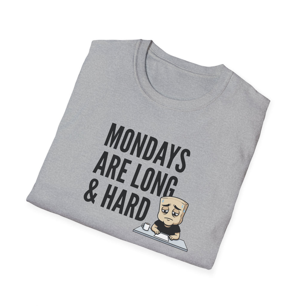 Heather gray T-shirt with “Mondays are long & hard” coffee mug graphic