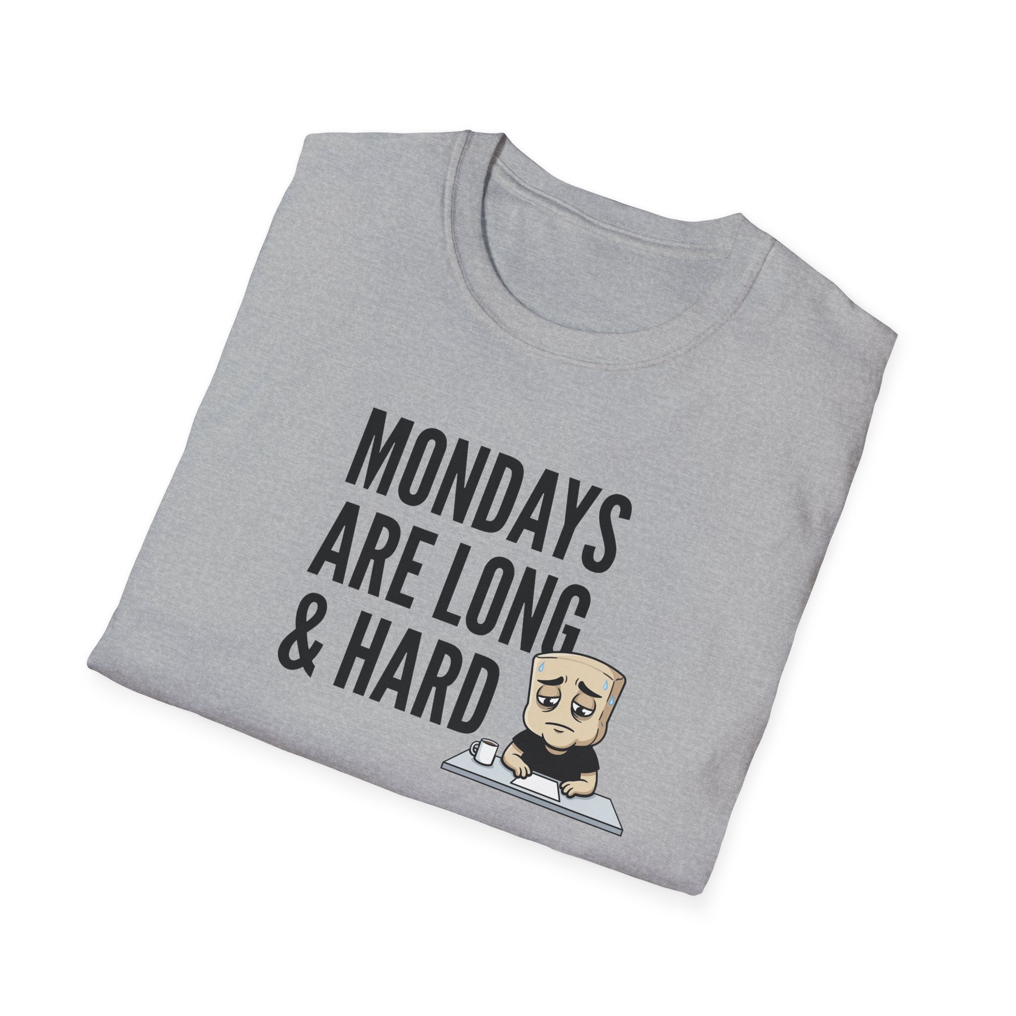 Heather gray T-shirt with “Mondays are long & hard” coffee mug graphic