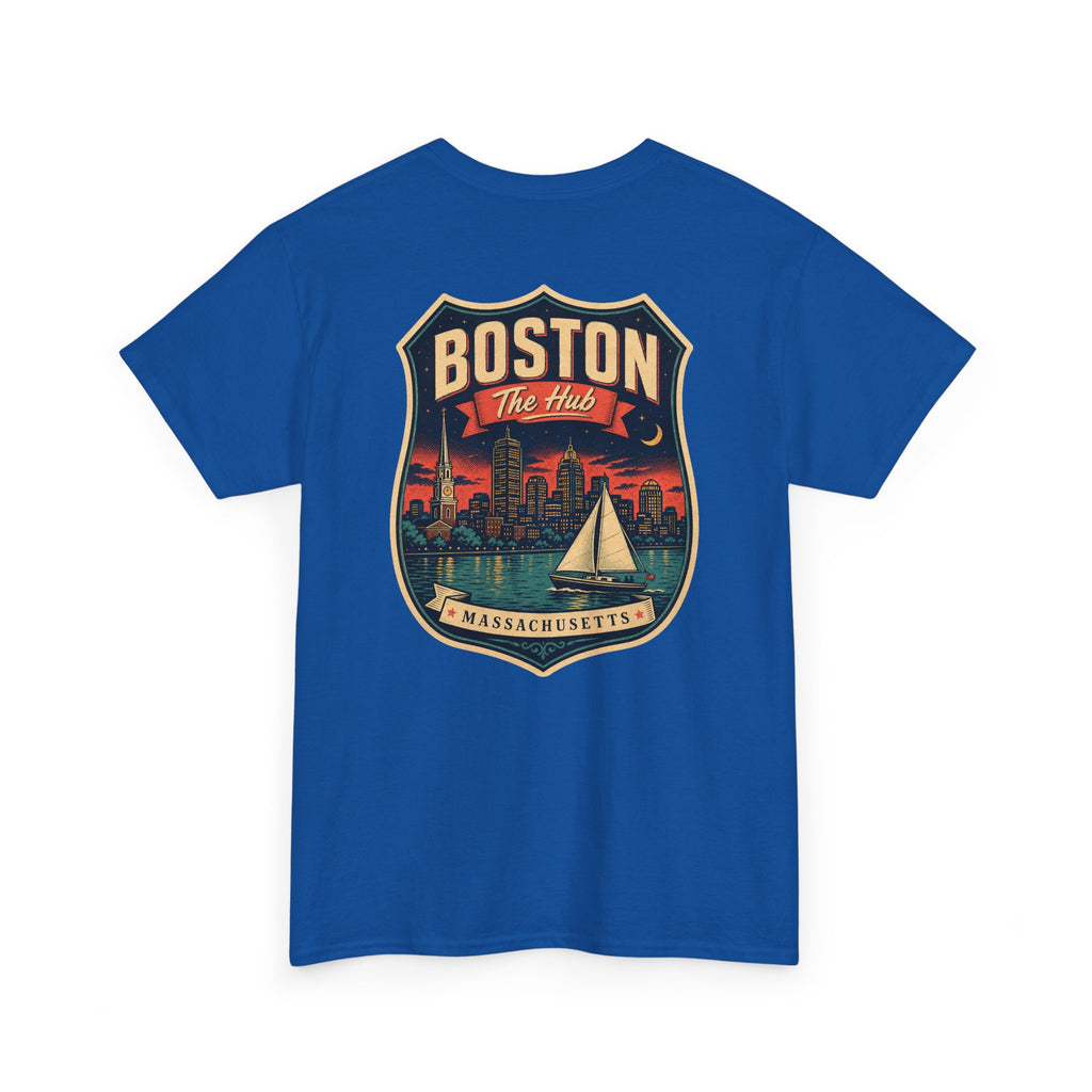 Blue city badge graphic T-shirt with sailboat and skyline crest