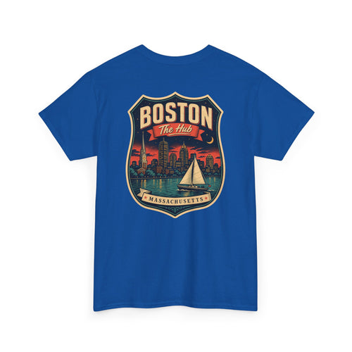 Blue city badge graphic T-shirt with sailboat and skyline crest