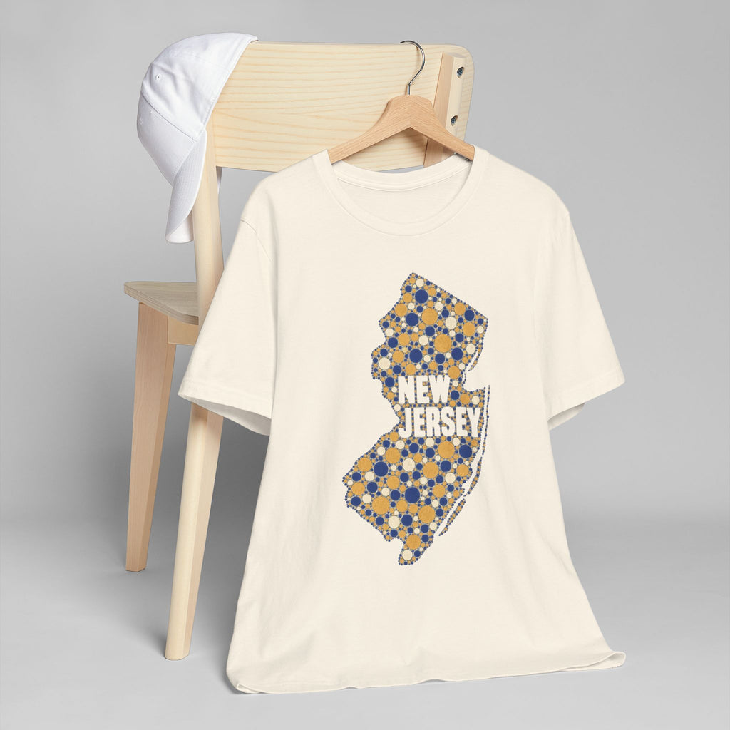 Cream crewneck t-shirt with blue and yellow floral New Jersey map graphic