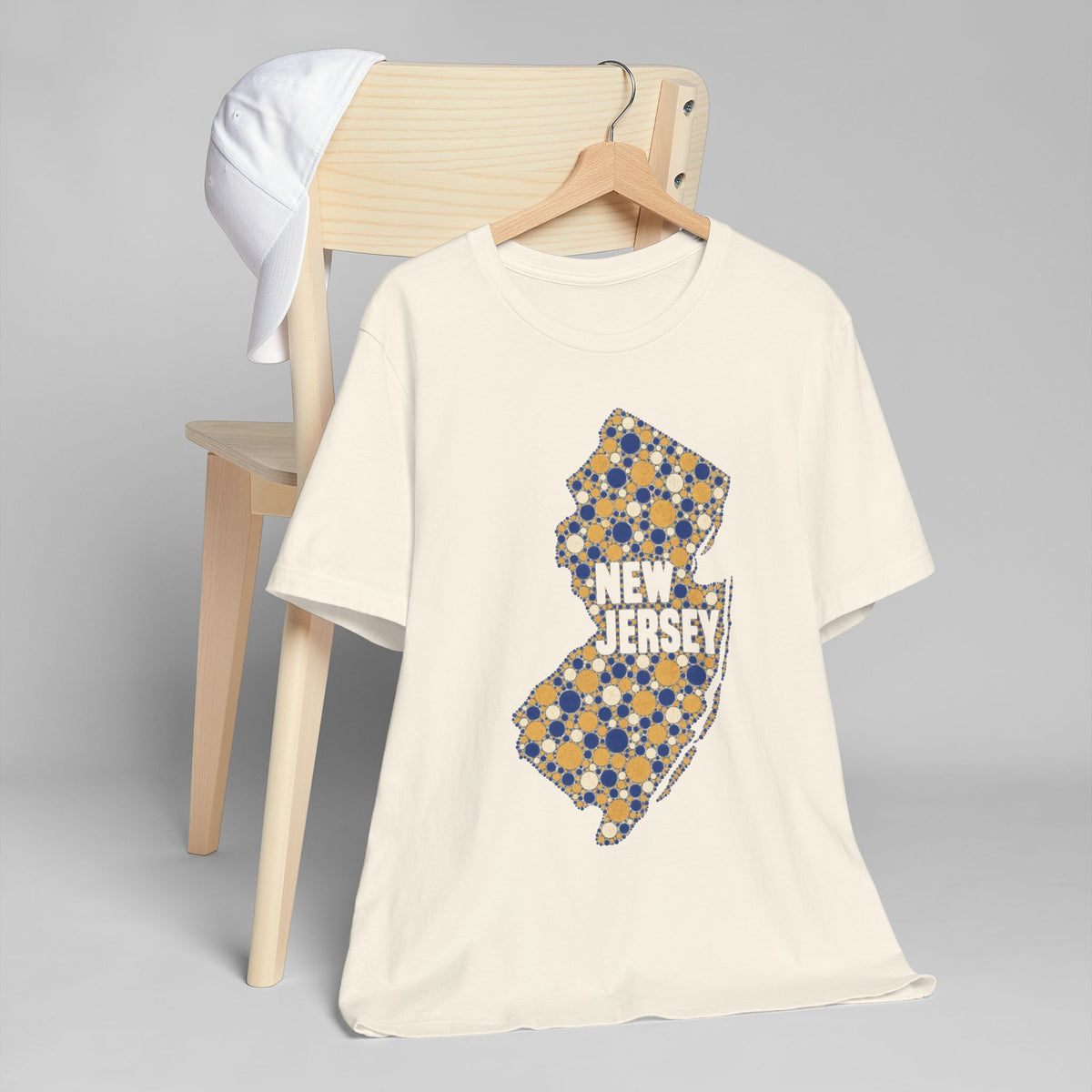 Cream crewneck t-shirt with blue and yellow floral New Jersey map graphic
