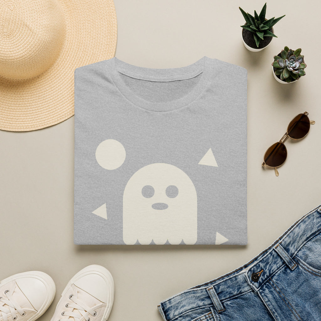 Light gray T-shirt with pale ghost face graphic and small triangle accents