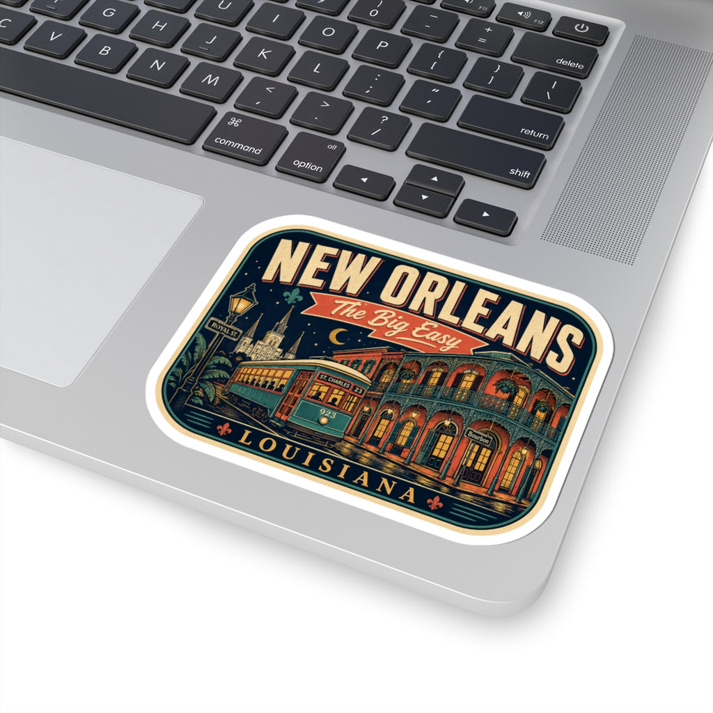 New Orleans luggage tag sticker decal with “The Big Easy” script over city building art
