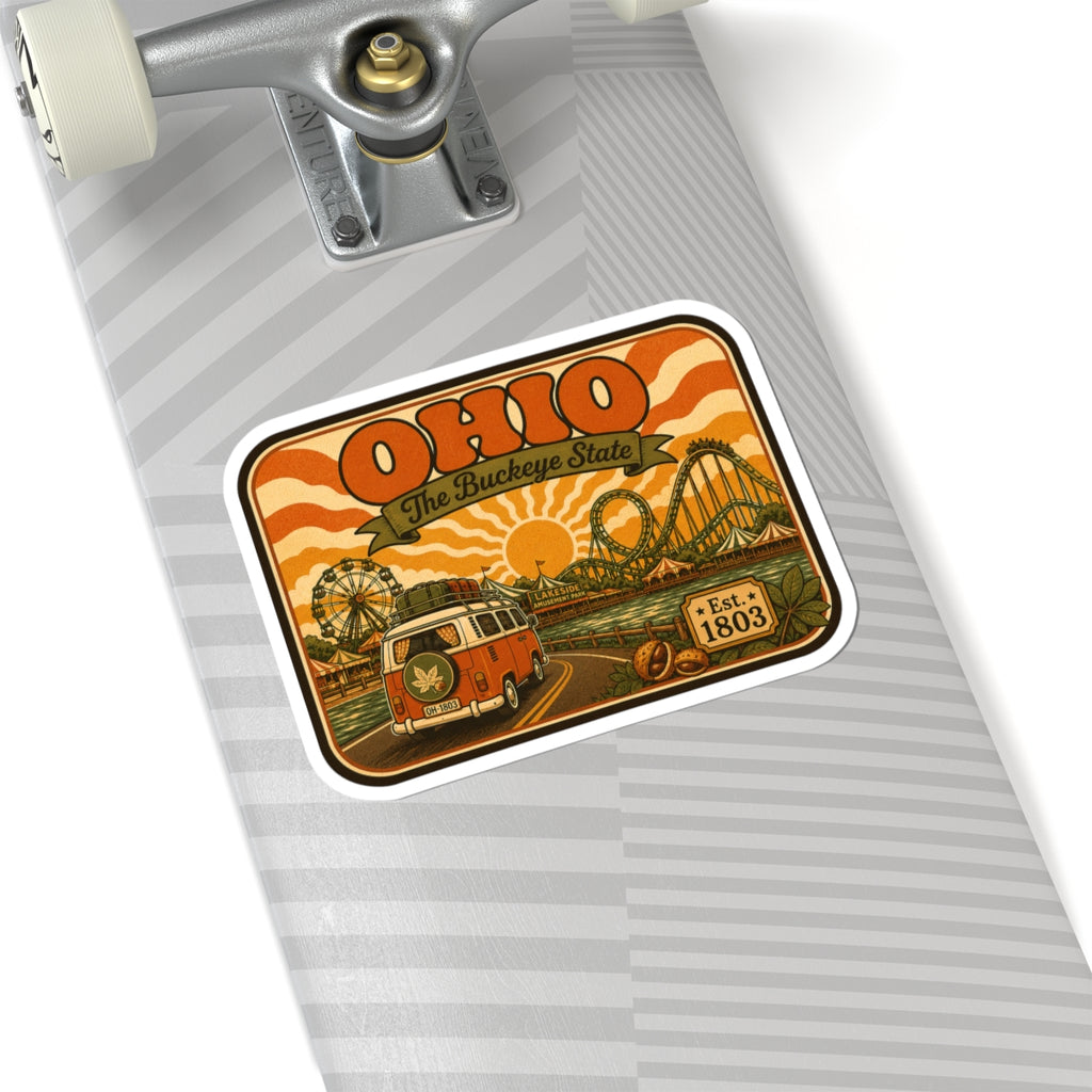 Ohio retro sticker on light-colored laptop lid, orange camper, Ferris wheel, Est. 1803