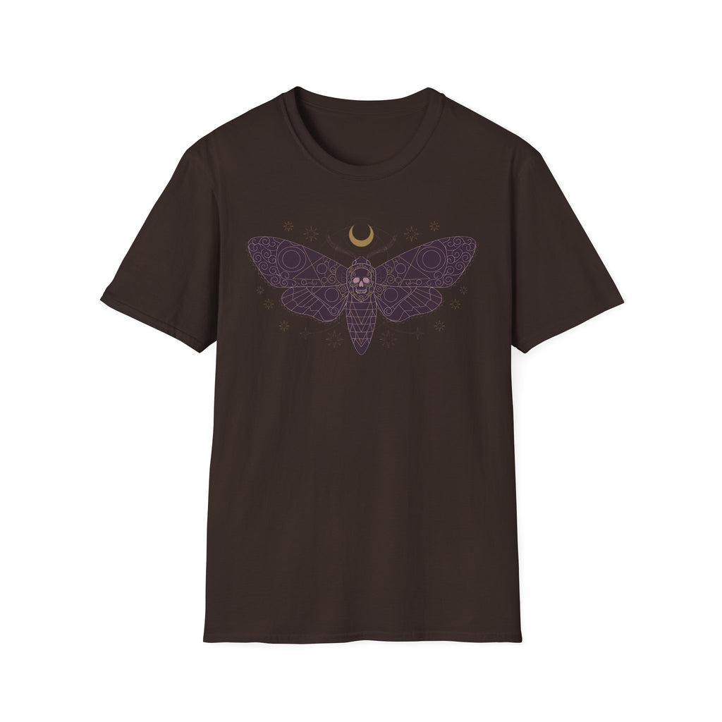Dark brown T-shirt with purple moth skull graphic and crescent moon