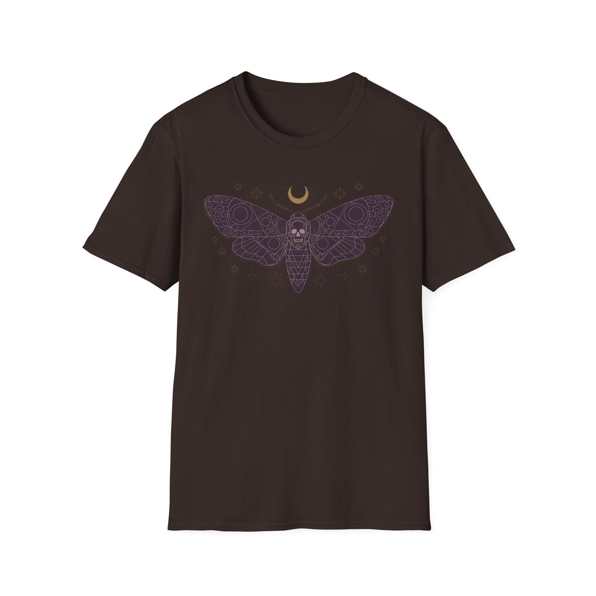 Dark brown T-shirt with purple moth skull graphic and crescent moon