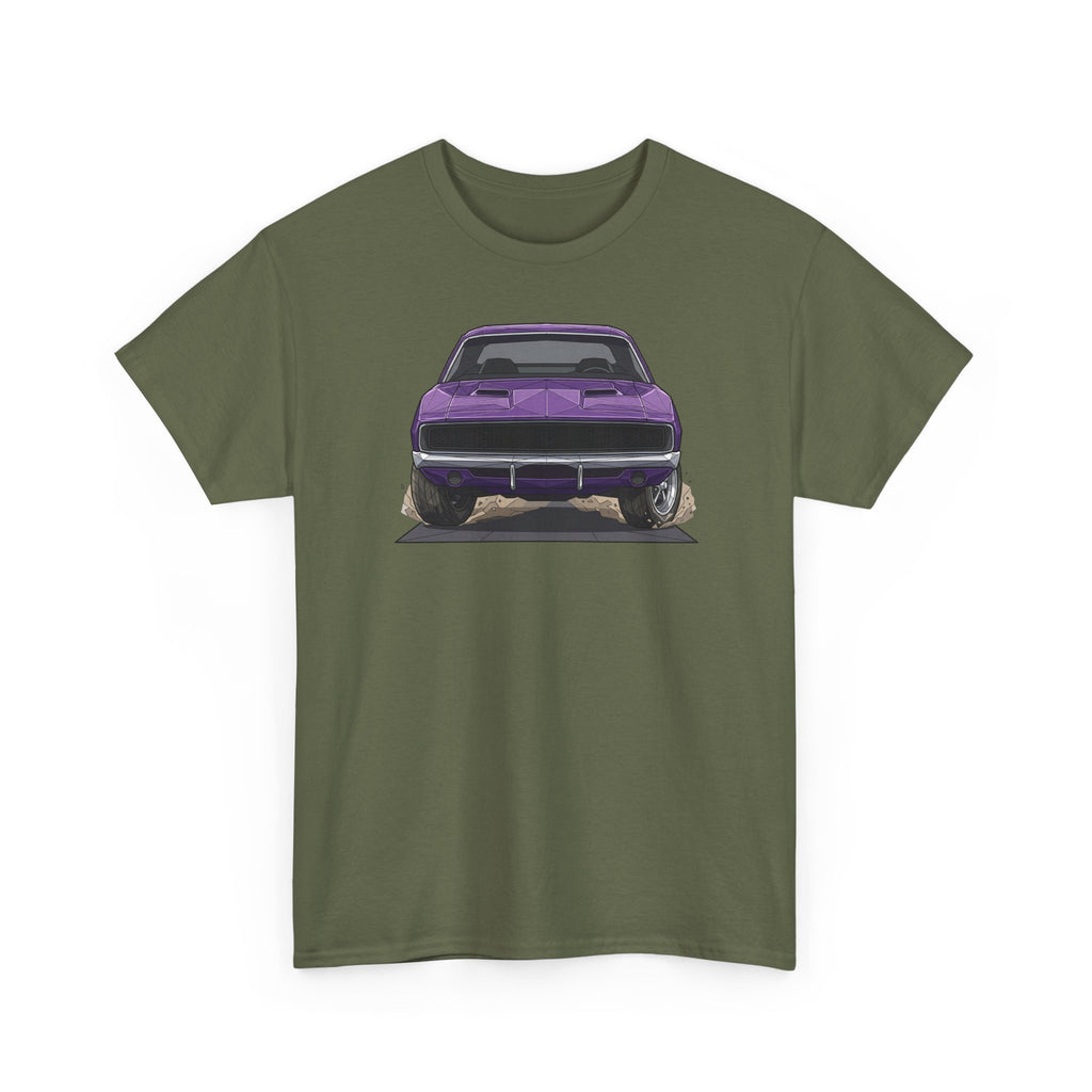 Military green T-shirt with purple retro muscle car chest graphic, front view