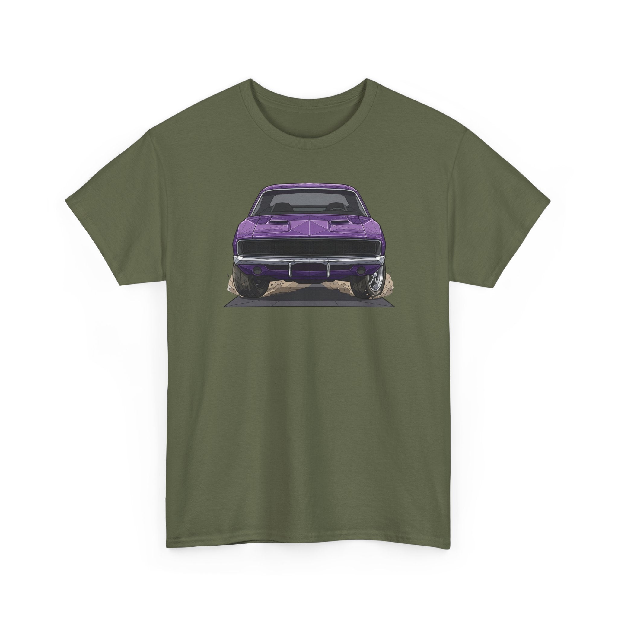 Military green T-shirt with purple retro muscle car chest graphic, front view