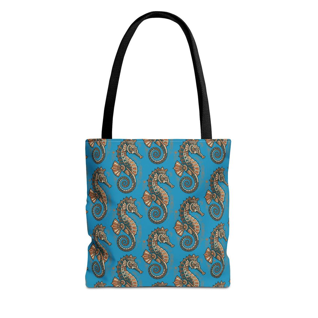 Ocean-blue tote bag with steampunk seahorse and gear all-over print, black handles