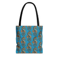 Ocean-blue tote bag with steampunk seahorse and gear all-over print, black handles